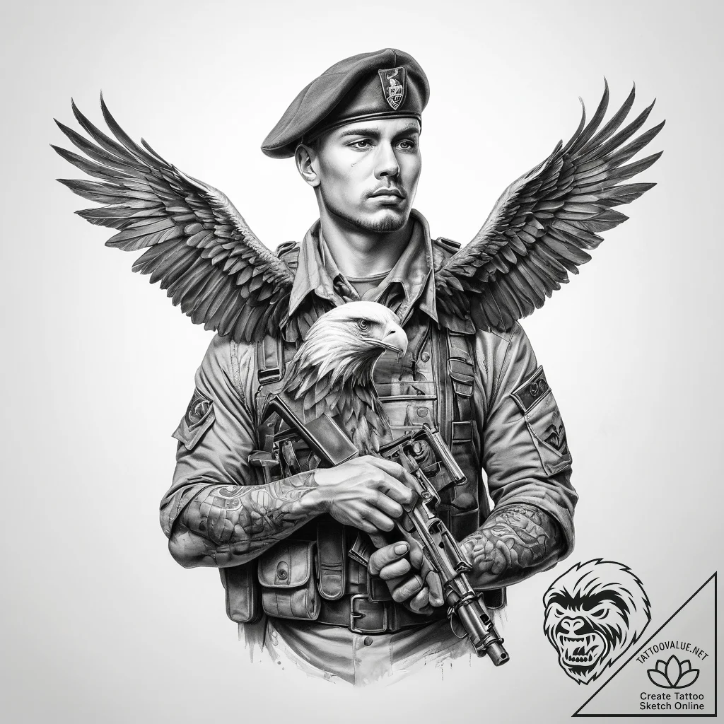 Tattoo sketch soldier with an eagle - tattoo sketch (№1759695821_0, 05.10.2025 20:23) — tattoovalue.net