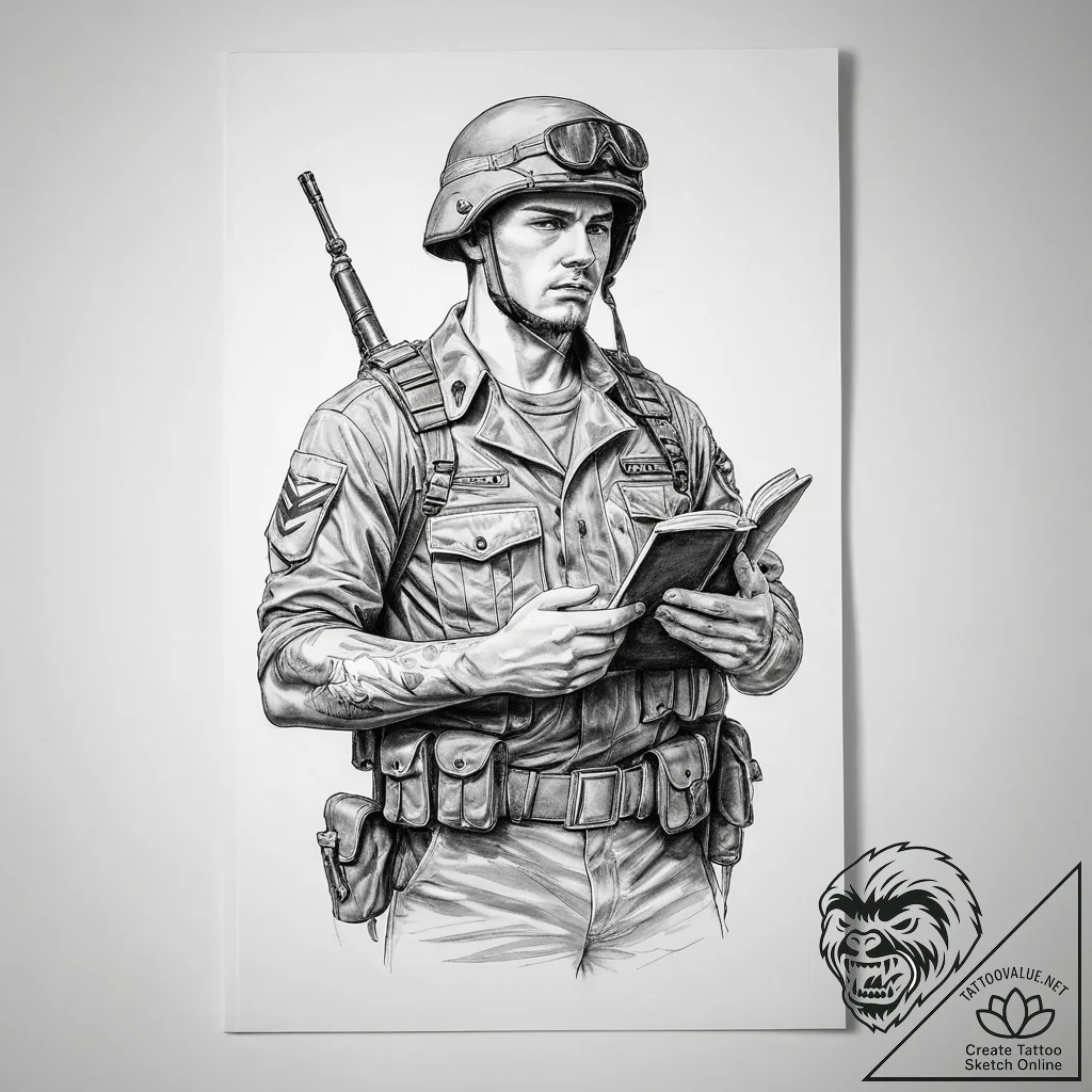 Tattoo sketch soldier with a book - tattoo sketch (№1759702353_0, 05.10.2025 22:12) — tattoovalue.net