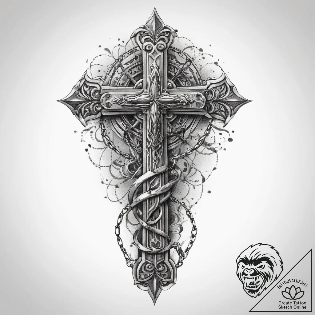 Tattoo sketch cross with a chain, tattoo flas... - tattoo sketch (№1759704543_0, 05.10.2025 22:49) — tattoovalue.net