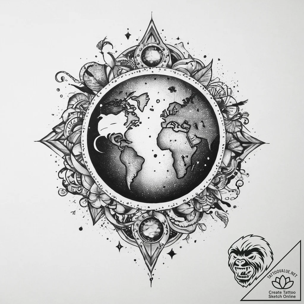 Tattoo sketch earth, tattoo flash sheet desig... - tattoo sketch (№1759707392_0, 05.10.2025 23:36) — tattoovalue.net