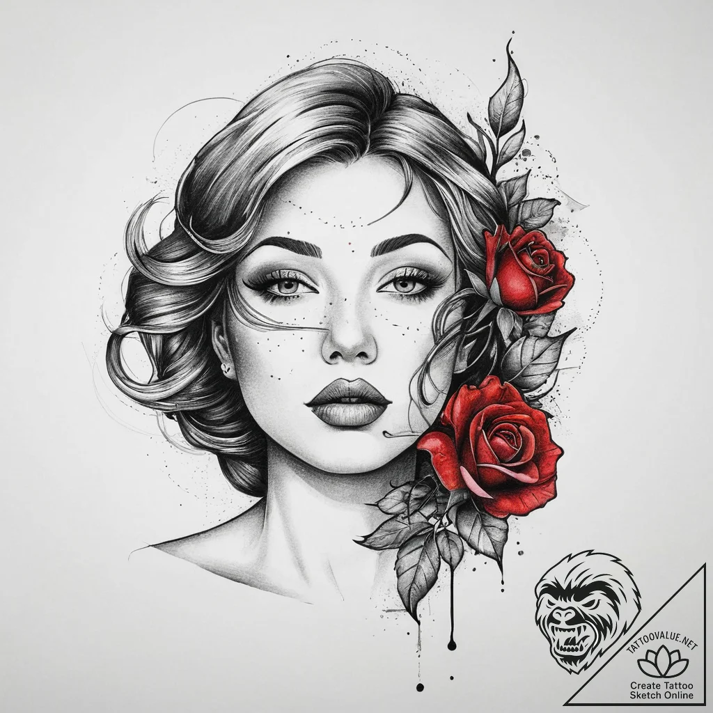 Tattoo sketch sensual lips with a rose, tatto... - tattoo sketch (№1759714371_0, 06.10.2025 01:32) — tattoovalue.net