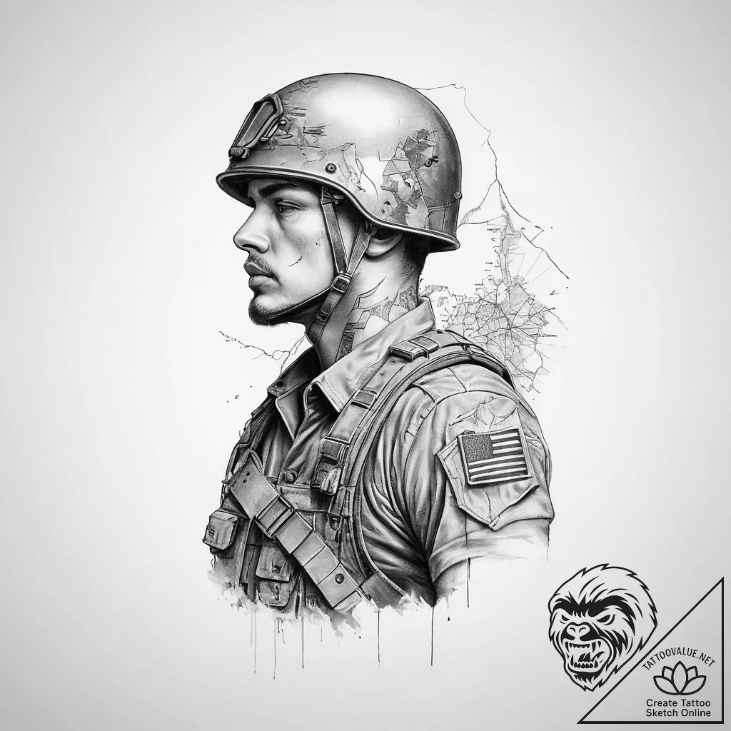 Tattoo sketch soldier with a map, artistic ta... - tattoo sketch (№1759723079_0, 06.10.2025 03:57) — tattoovalue.net