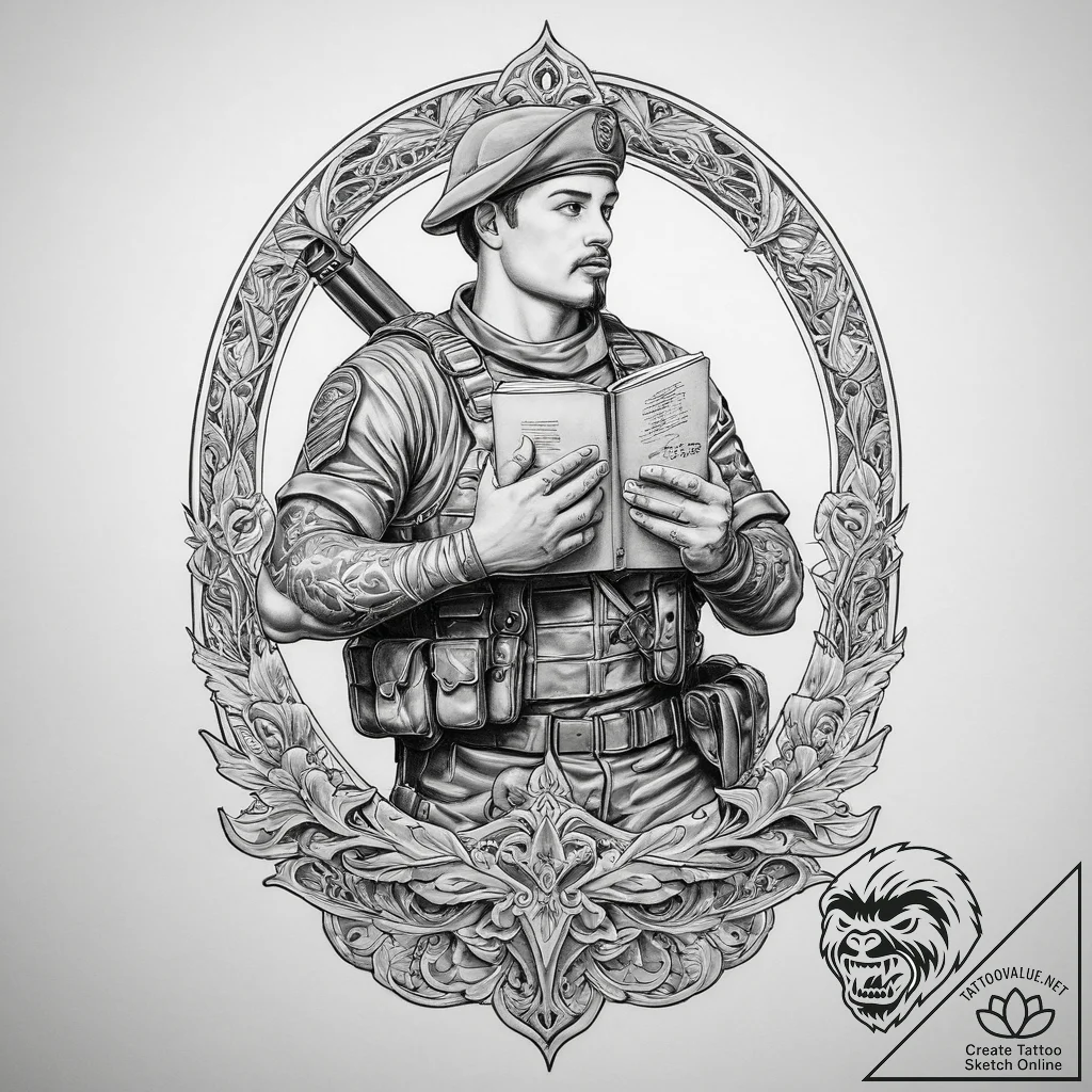 Tattoo sketch soldier with a book, tattoo dra... - tattoo sketch (№1759724160_0, 06.10.2025 04:16) — tattoovalue.net