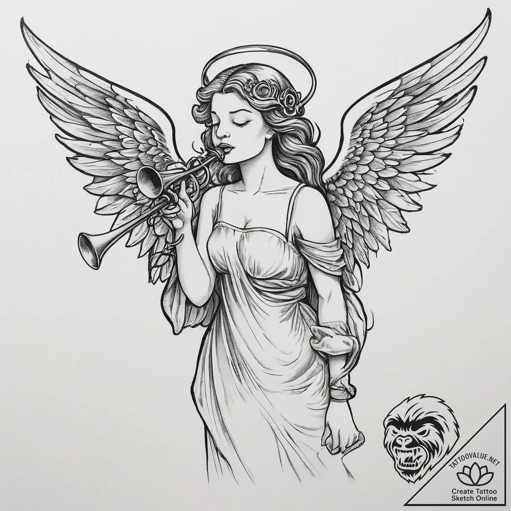 Tattoo sketch angel with trumpet, tattoo flas... - tattoo sketch (№1759725461_0, 06.10.2025 04:37) — tattoovalue.net