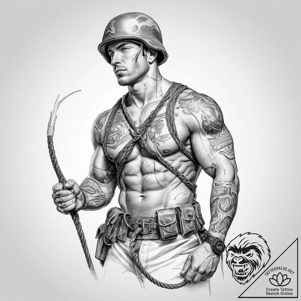 Tattoo sketch soldier with a rope - tattoo sketch (№1759730692_0, 06.10.2025 06:04) — tattoovalue.net