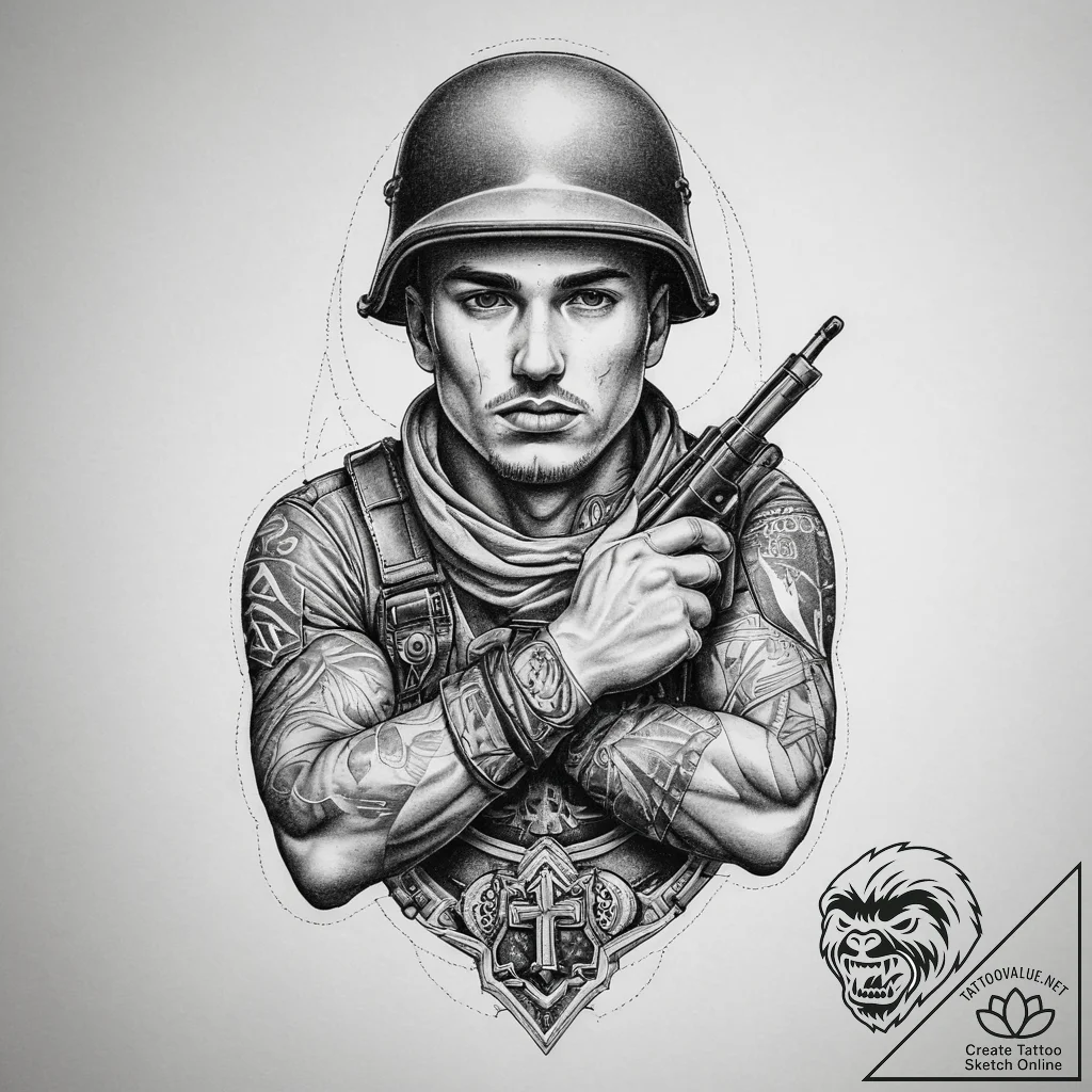 Tattoo sketch soldier with a lock, tattoo dra... - tattoo sketch (№1759744335_0, 06.10.2025 09:52) — tattoovalue.net