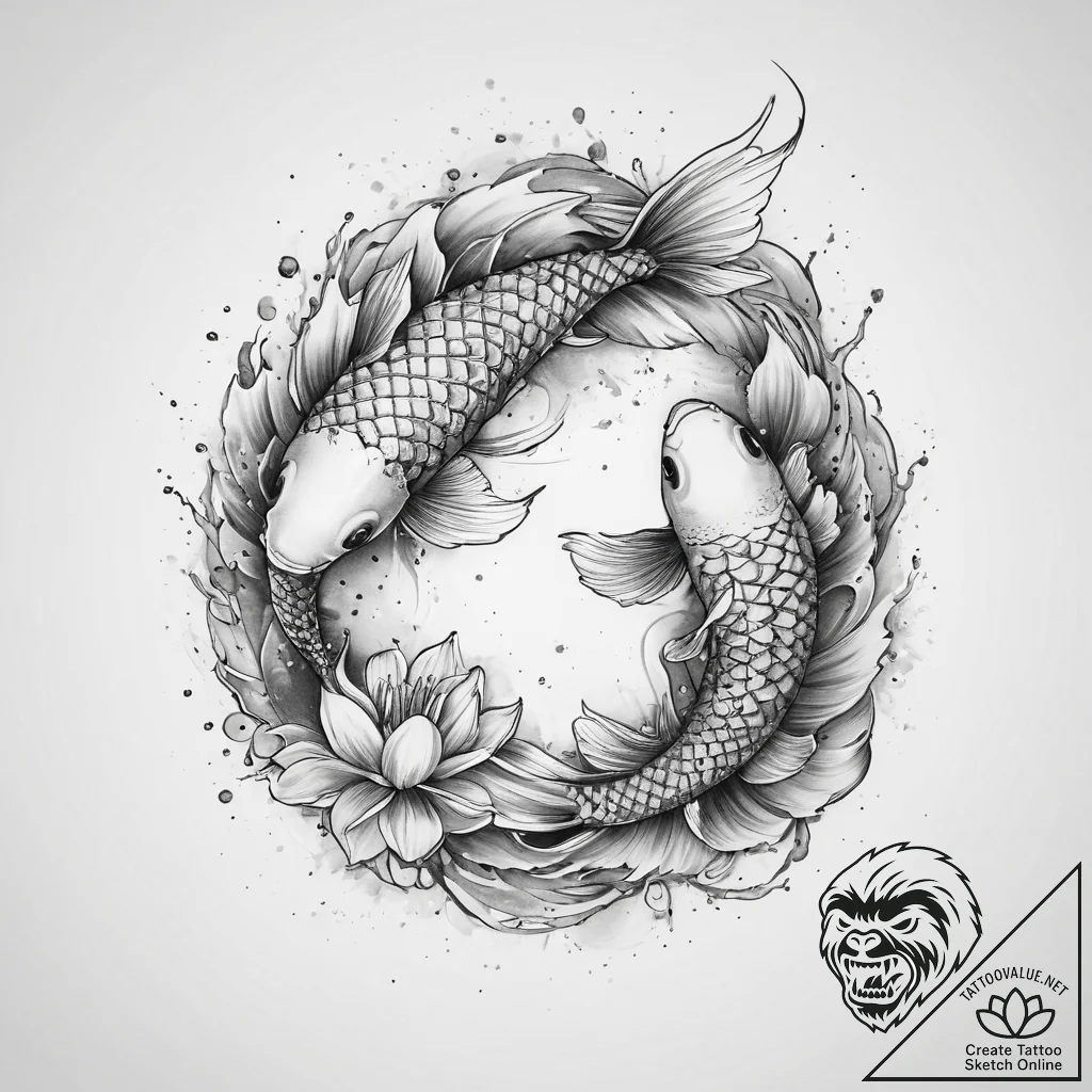 Tattoo sketch koi fish and lotus, ink illustr... - tattoo sketch (№1759755252_0, 06.10.2025 12:54) — tattoovalue.net