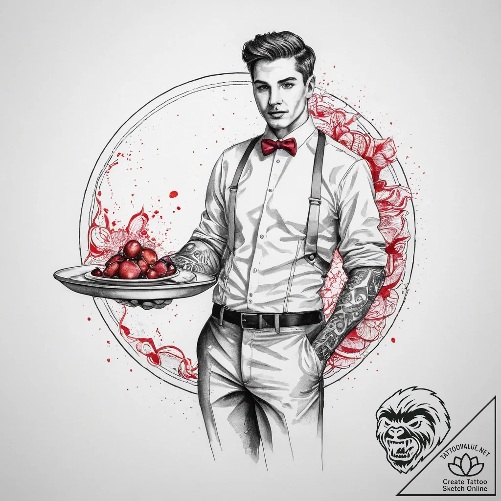 Tattoo sketch waiter serving tray and dish, t... - tattoo sketch (№1759761558_0, 06.10.2025 14:39) — tattoovalue.net