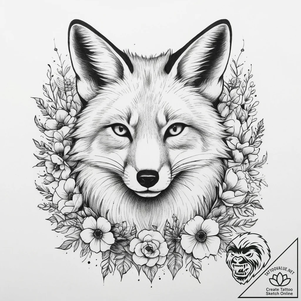 Tattoo sketch fox with flowers, tattoo line a... - tattoo sketch (№1759767870_0, 06.10.2025 16:24) — tattoovalue.net