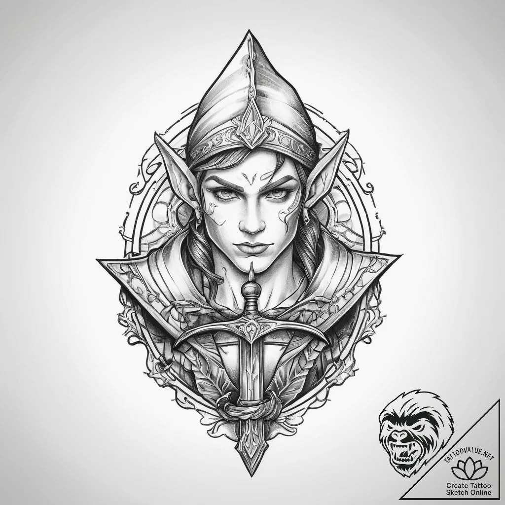 Tattoo sketch elf with a sword, concept art f... - tattoo sketch (№1759768954_0, 06.10.2025 16:42) — tattoovalue.net