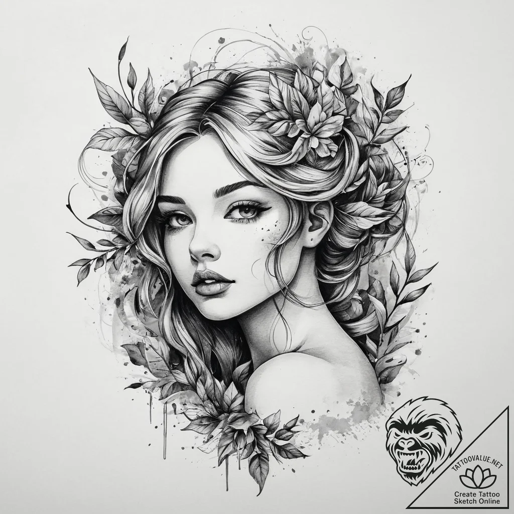 Tattoo sketch nymph with leaves, ink illustra... - tattoo sketch (№1759786596_0, 06.10.2025 21:36) — tattoovalue.net