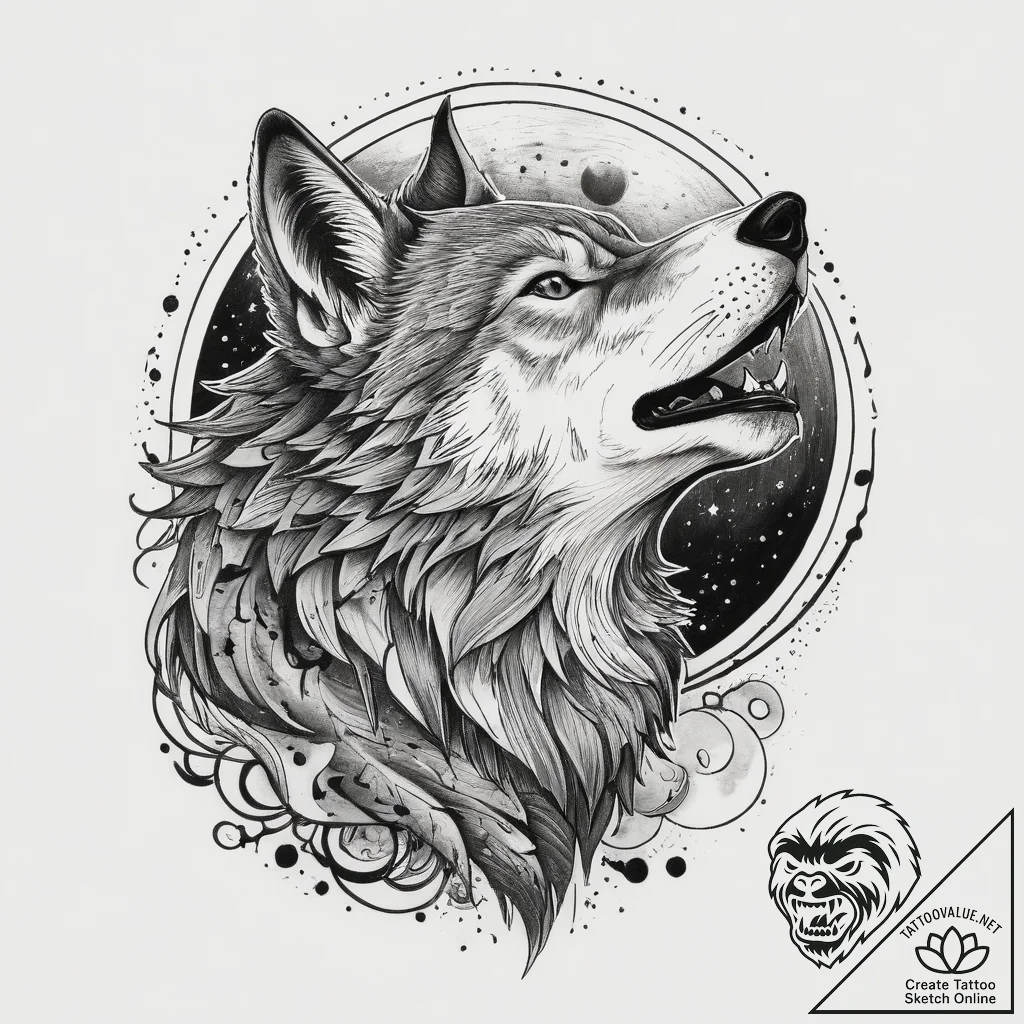 Tattoo sketch wolf howling at the moon, conce... - tattoo sketch (№1759793144_0, 06.10.2025 23:25) — tattoovalue.net
