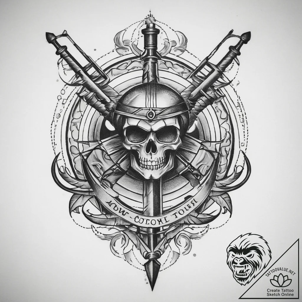Weapons and attributes, tattoo drawing outlin... - tattoo sketch (№1759796190_0, 07.10.2025 00:16) — tattoovalue.net
