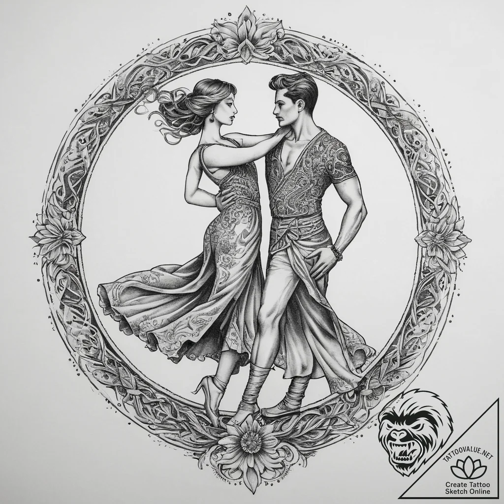 Tattoo sketch romantic dance with a person, c... - tattoo sketch (№1759796838_0, 07.10.2025 00:27) — tattoovalue.net