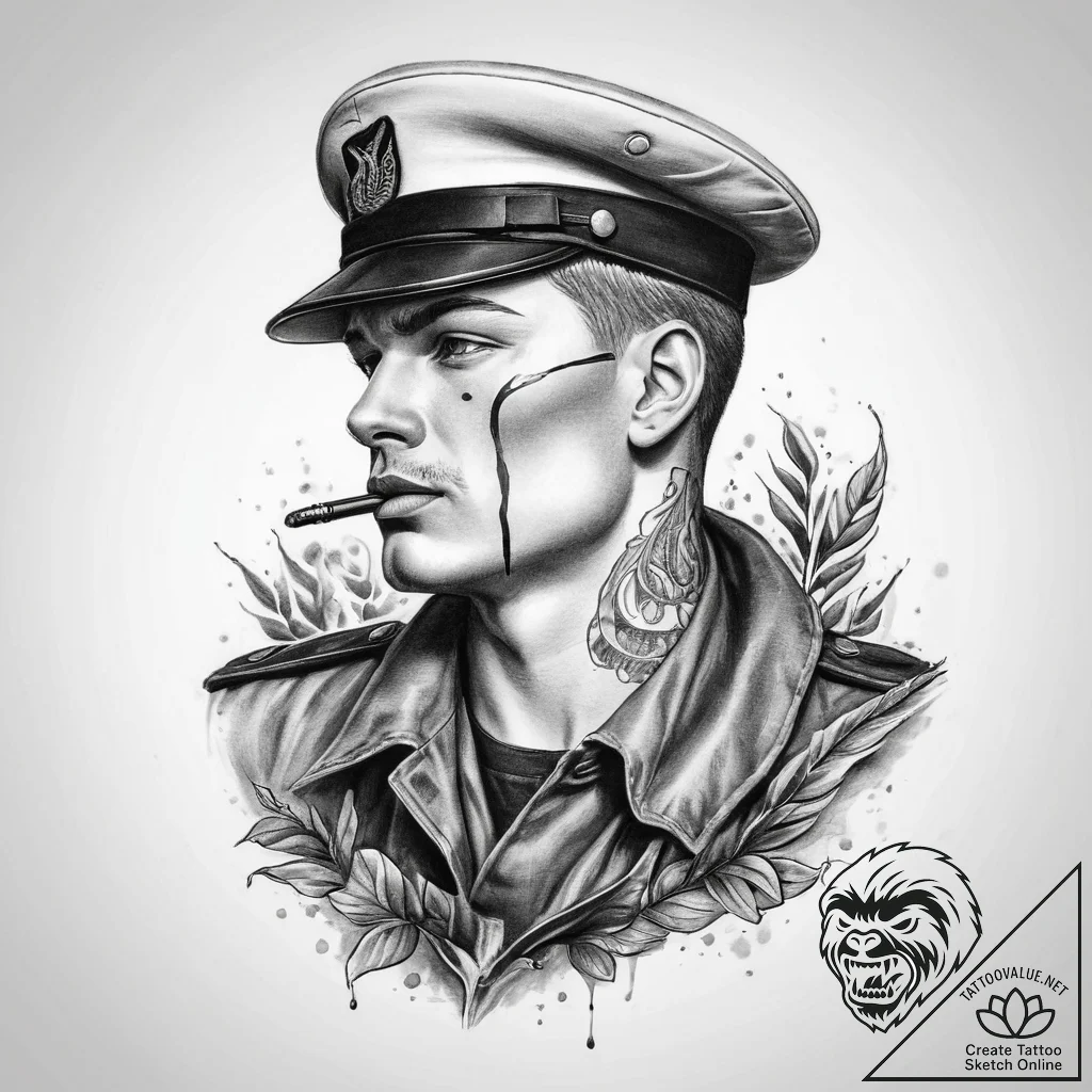 Tattoo sketch soldier with a pen, concept art... - tattoo sketch (№1759799440_0, 07.10.2025 01:10) — tattoovalue.net