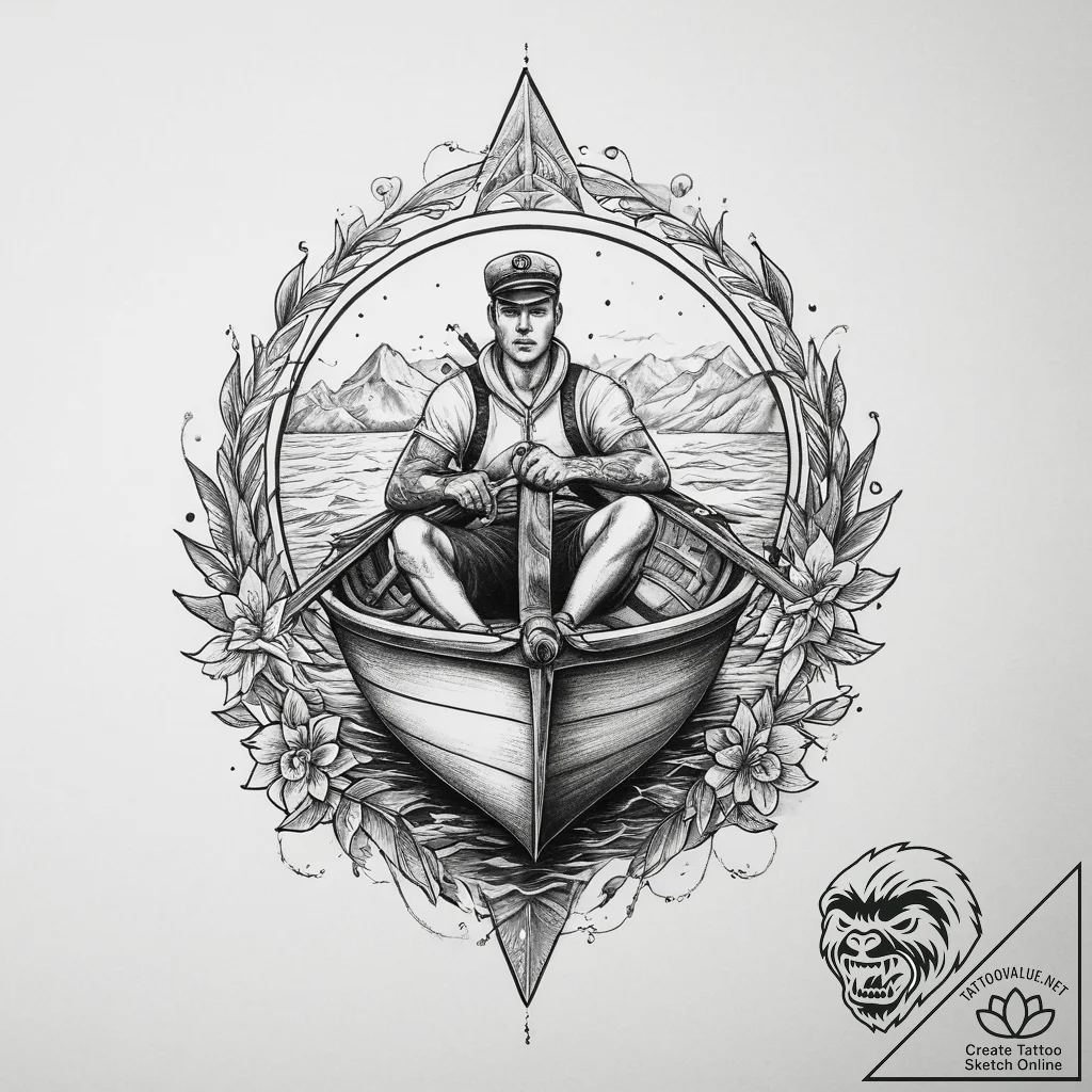 Tattoo sketch rowing a person in a rowboat, t... - tattoo sketch (№1759808334_0, 07.10.2025 03:38) — tattoovalue.net