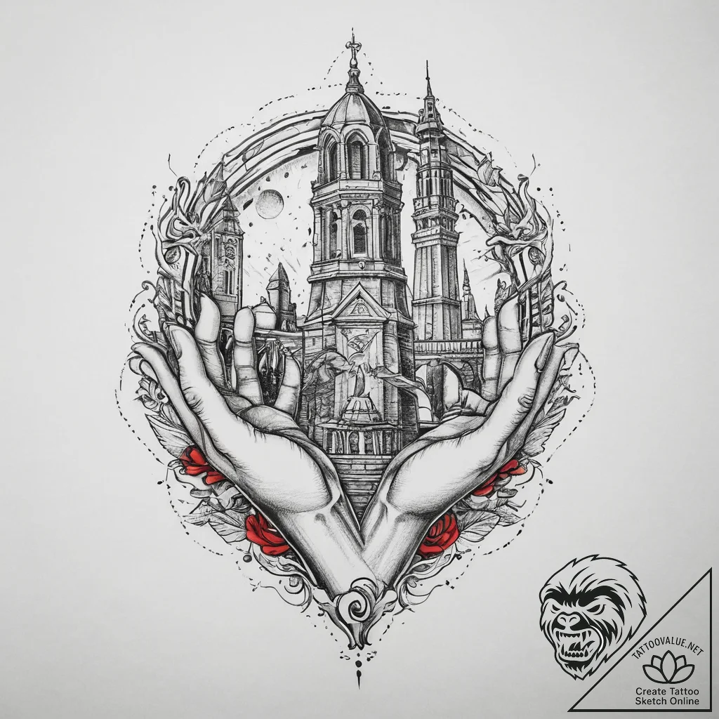 Tattoo sketch hands with a monument, tattoo f... - tattoo sketch (№1759825944_0, 07.10.2025 08:32) — tattoovalue.net