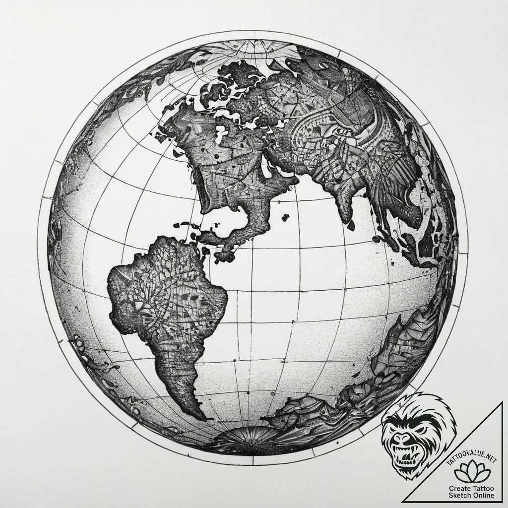 Tattoo sketch globe, artistic tattoo sketch,... - tattoo sketch (№1759830500_0, 07.10.2025 09:48) — tattoovalue.net