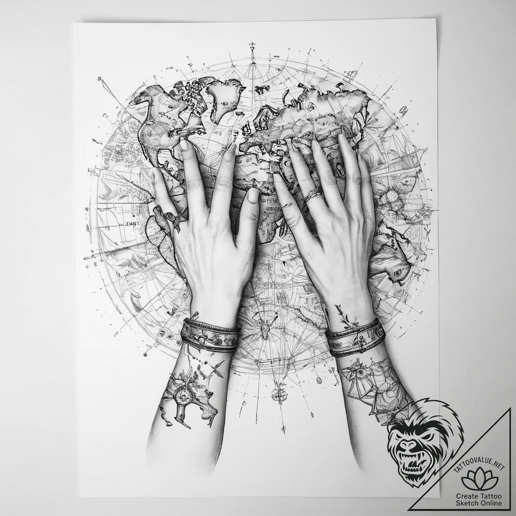 Tattoo sketch hands with a map - tattoo sketch (№1759844223_0, 07.10.2025 13:37) — tattoovalue.net
