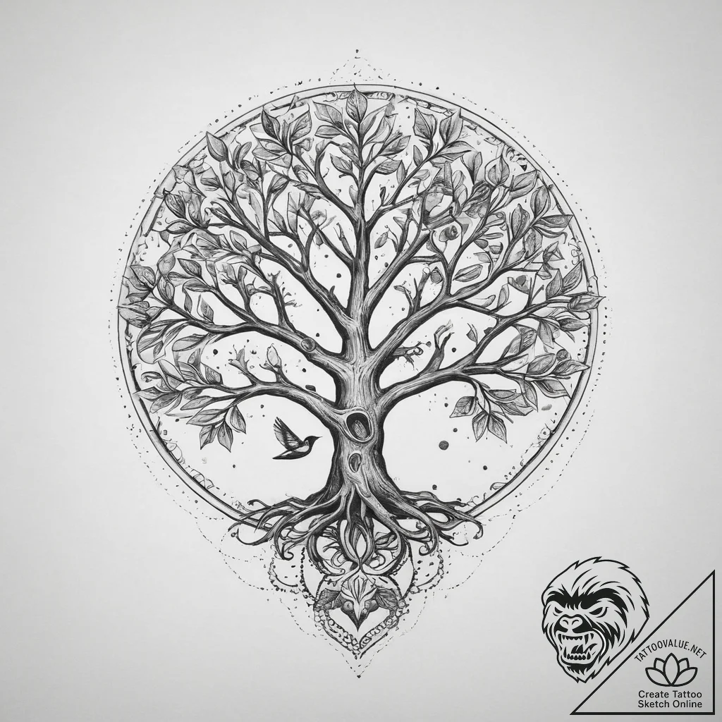 Tattoo sketch tree of life with a bird, tatto... - tattoo sketch (№1759848138_0, 07.10.2025 14:42) — tattoovalue.net