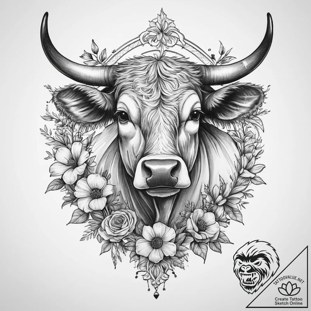 Tattoo sketch sacred cow with flowers, ink il... - tattoo sketch (№1759856588_0, 07.10.2025 17:03) — tattoovalue.net