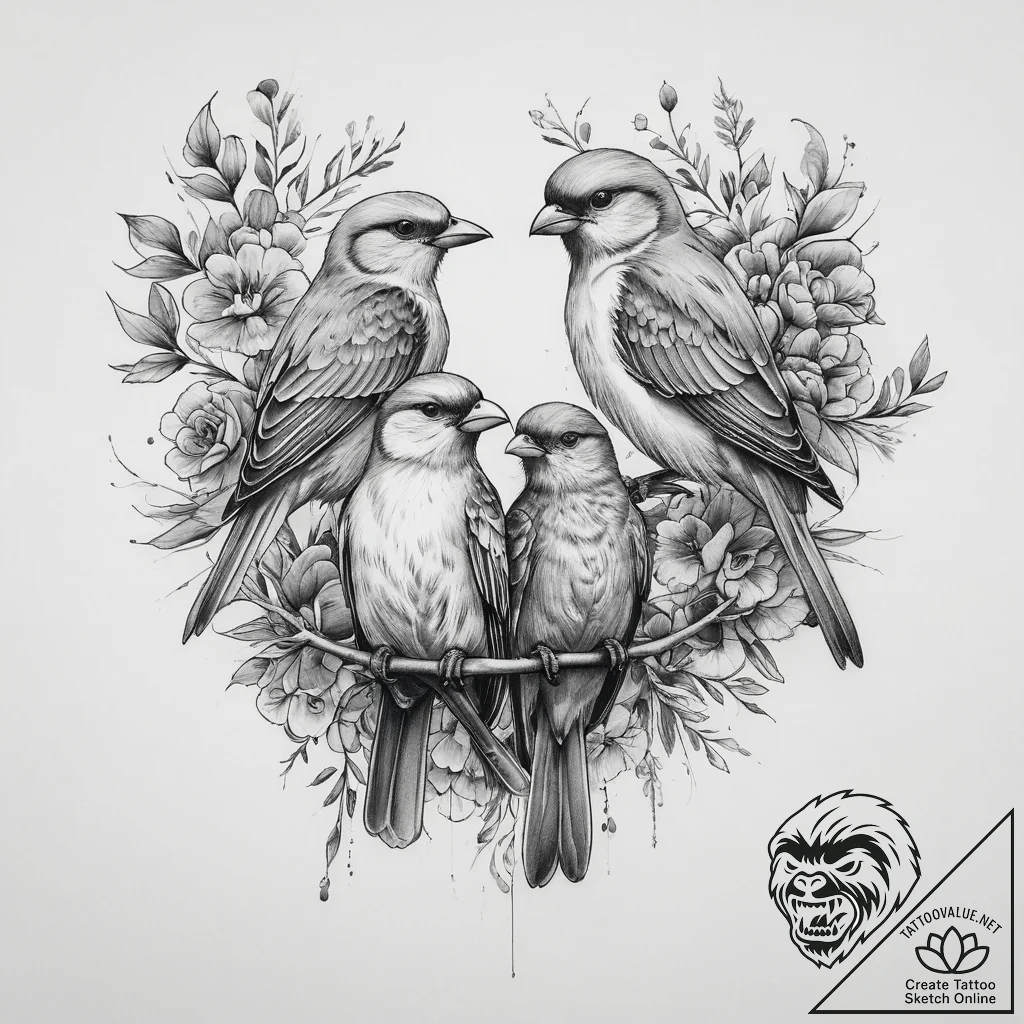 Tattoo sketch family of birds, concept art fo... - tattoo sketch (№1759856804_0, 07.10.2025 17:06) — tattoovalue.net