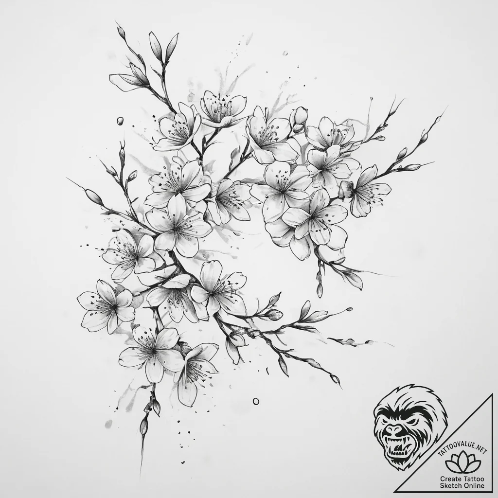 Tattoo sketch cherry blossom petals falling - tattoo sketch (№1759865255_0, 07.10.2025 19:27) — tattoovalue.net