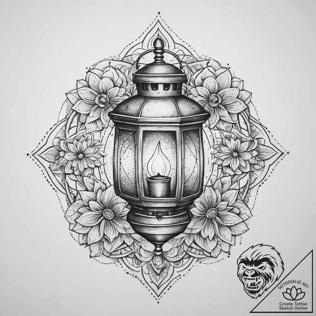 Tattoo sketch lantern with a flower, tattoo l... - tattoo sketch (№1759873928_0, 07.10.2025 21:52) — tattoovalue.net