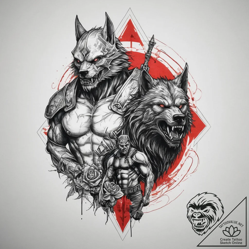 Tattoo sketch soldier with a werewolf, tattoo... - tattoo sketch (№1759874361_0, 07.10.2025 21:59) — tattoovalue.net