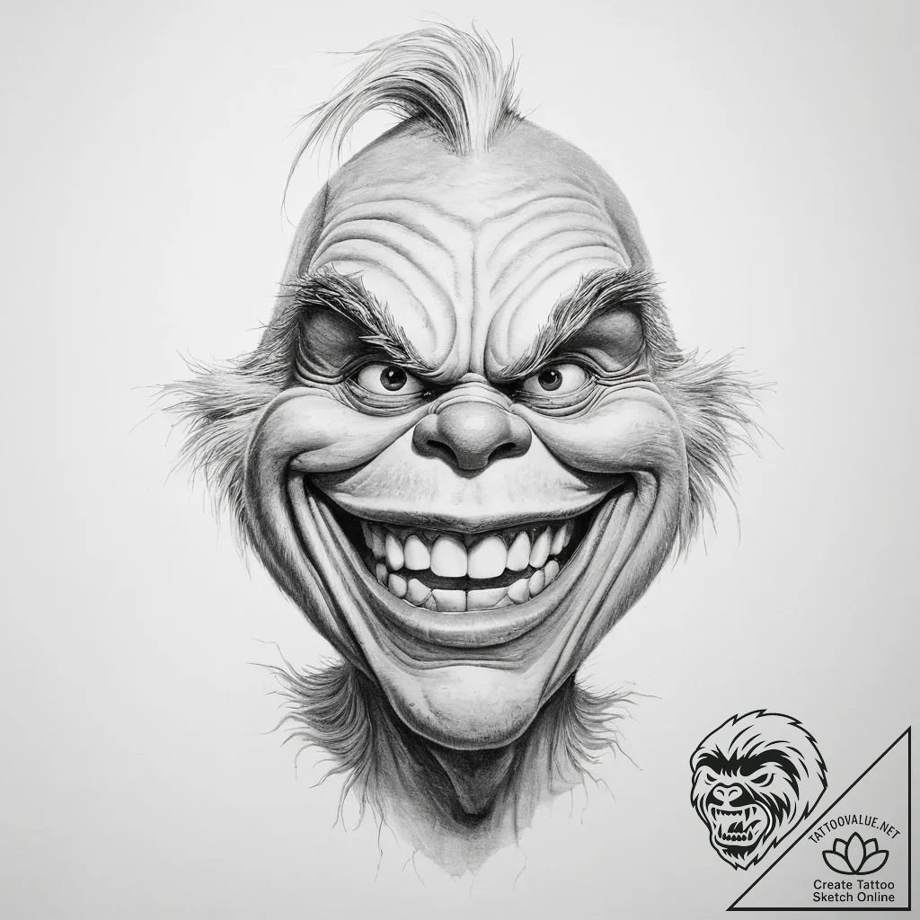 Tattoo sketch the grinch with a laugh - tattoo sketch (№1759878469_0, 07.10.2025 23:07) — tattoovalue.net