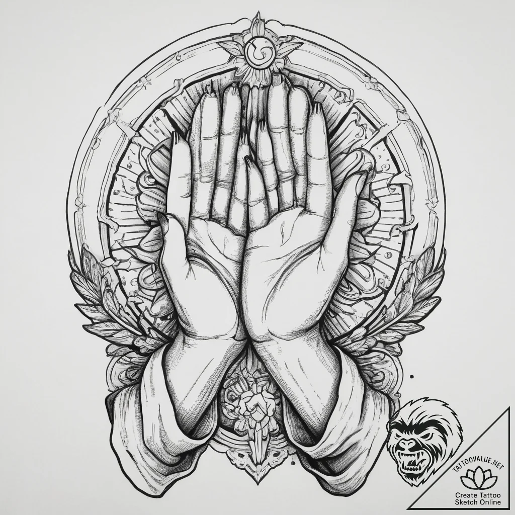 Tattoo sketch praying hands with halo, ink il... - tattoo sketch (№1759881721_0, 08.10.2025 00:02) — tattoovalue.net