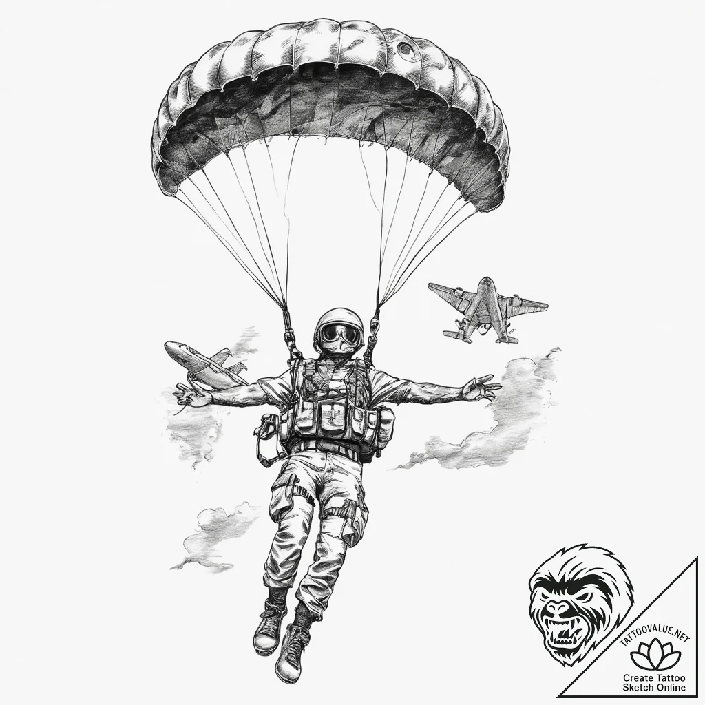 Tattoo sketch paratrooper in the sky, artisti... - tattoo sketch (№1759884747_0, 08.10.2025 00:52) — tattoovalue.net