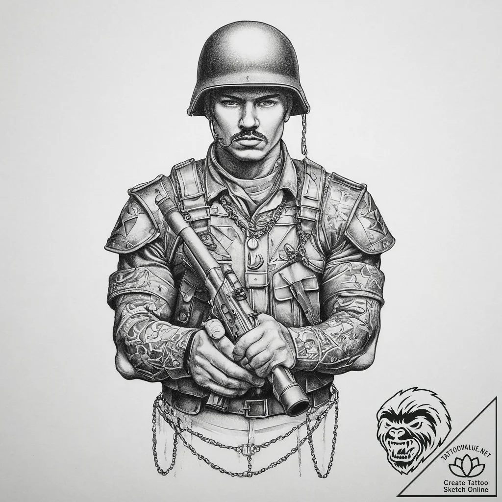 Tattoo sketch soldier with a chain, concept a... - tattoo sketch (№1759894063_0, 08.10.2025 03:27) — tattoovalue.net