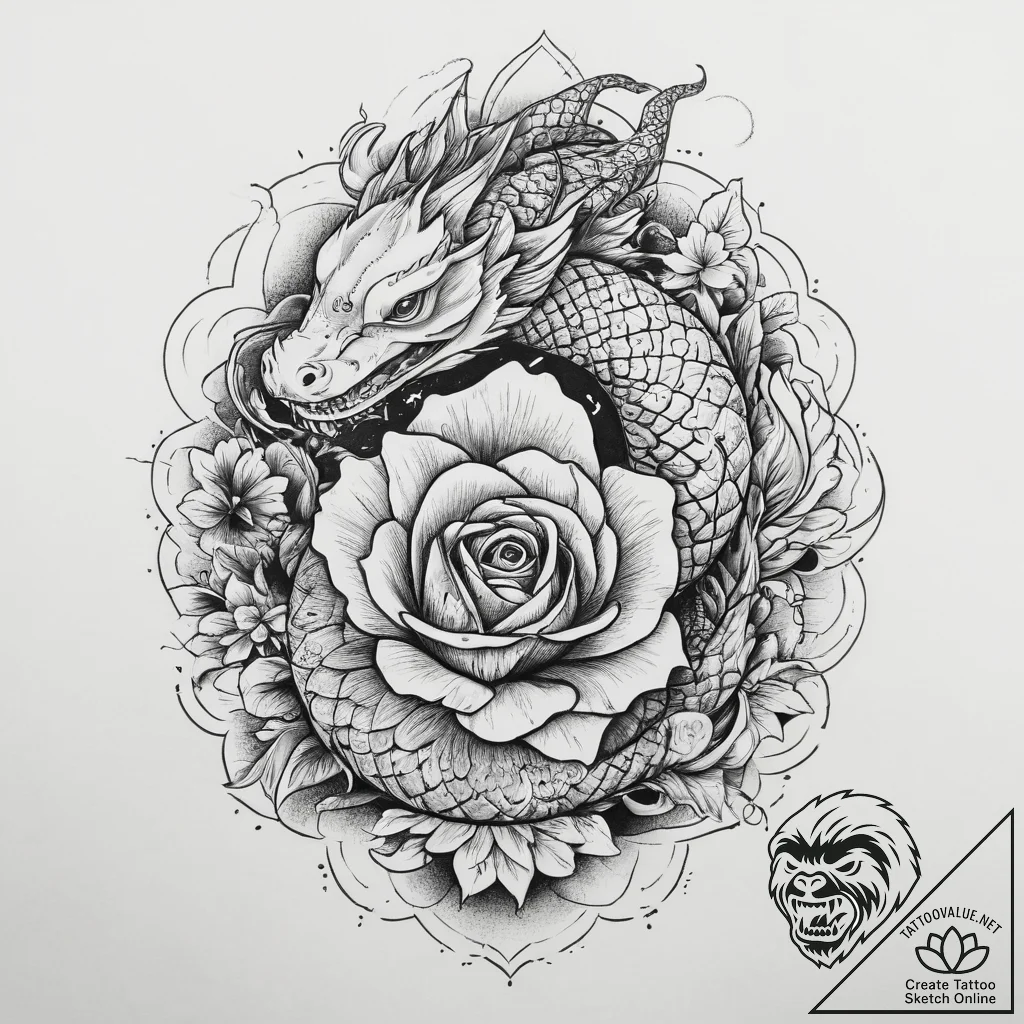 Tattoo sketch rose with a snake, artistic tat... - tattoo sketch (№1759894713_0, 08.10.2025 03:38) — tattoovalue.net