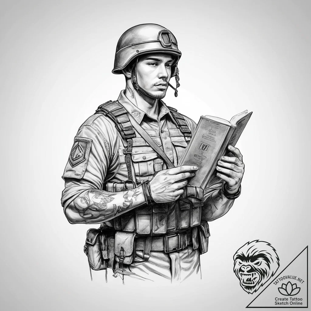 Tattoo sketch soldier with a book - tattoo sketch (№1759897752_0, 08.10.2025 04:29) — tattoovalue.net