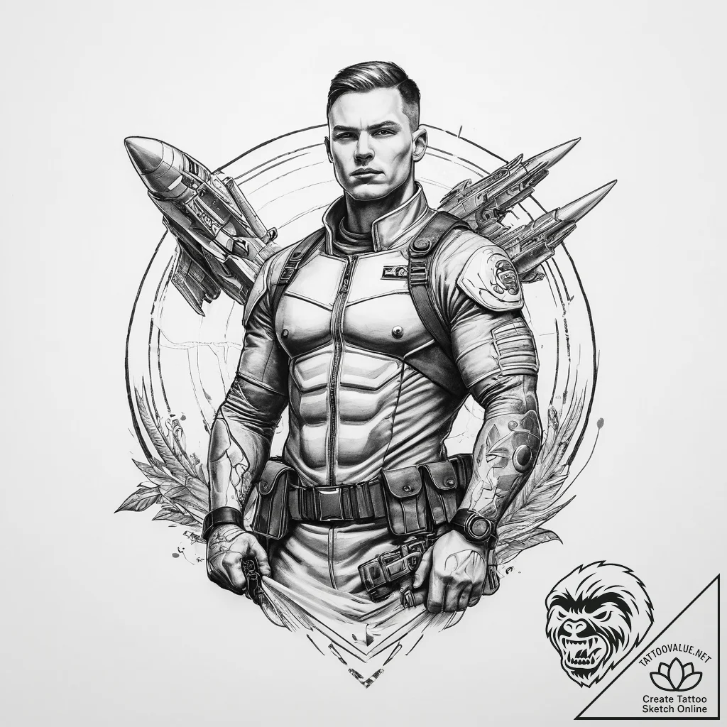 Tattoo sketch soldier with a spaceship - tattoo sketch (№1759907457_0, 08.10.2025 07:10) — tattoovalue.net