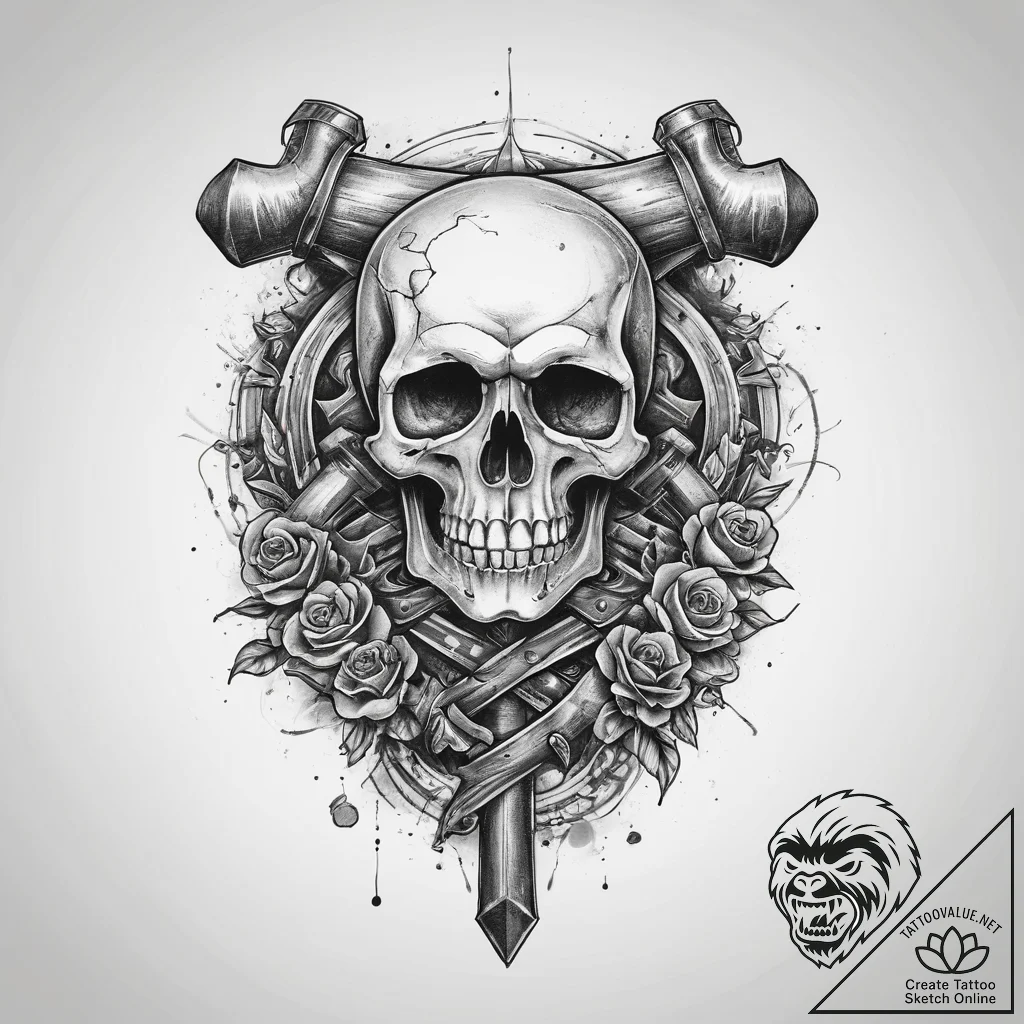 Tattoo sketch hammer with a skull, concept ar... - tattoo sketch (№1759914882_0, 08.10.2025 09:14) — tattoovalue.net