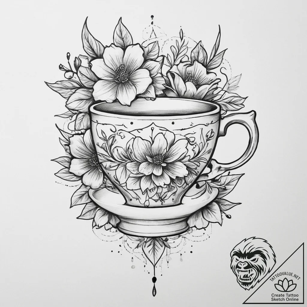 Tattoo sketch light academia teacup and flowe... - tattoo sketch (№1759916396_0, 08.10.2025 09:39) — tattoovalue.net