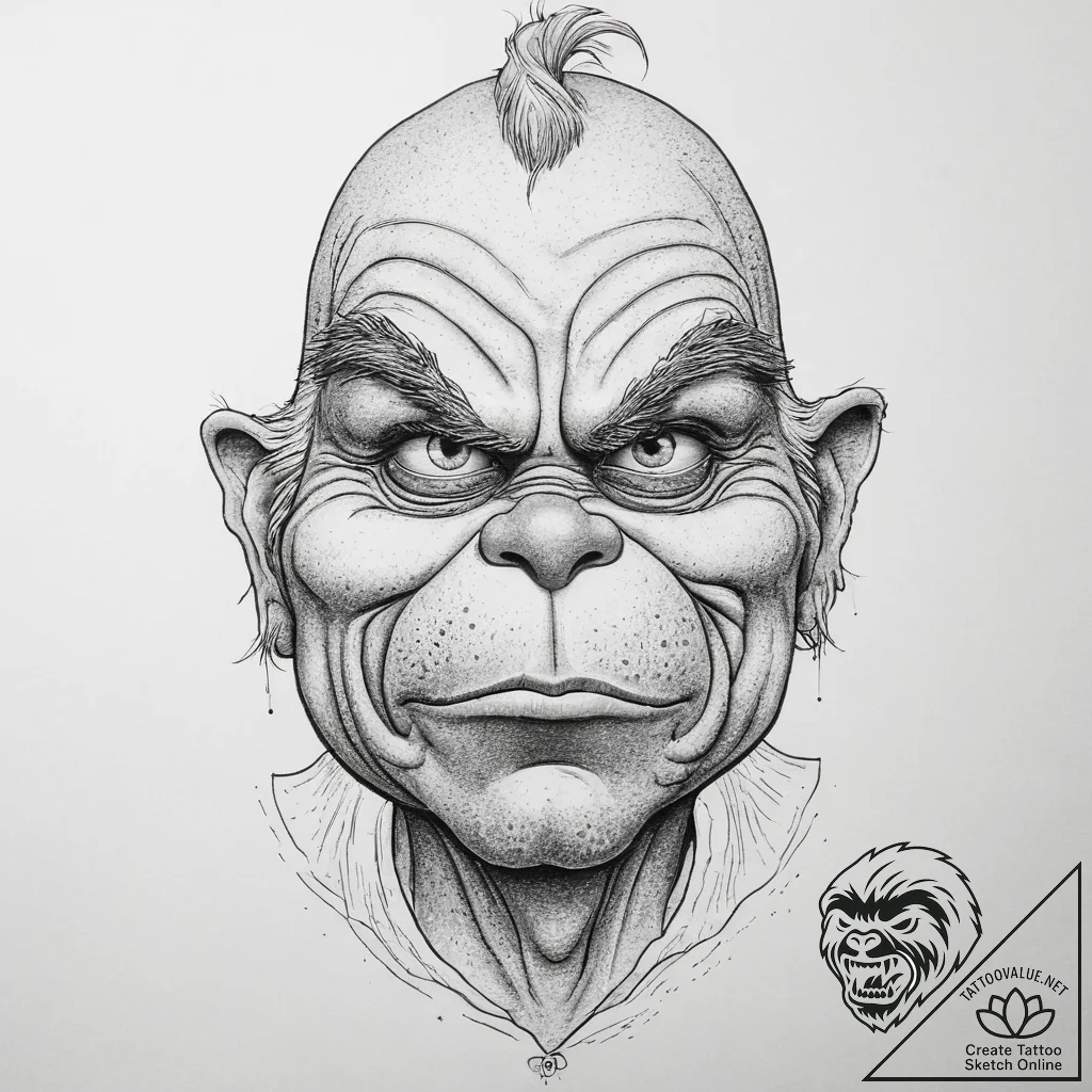 Tattoo sketch the grinch with a sad face, art... - tattoo sketch (№1759918138_0, 08.10.2025 10:08) — tattoovalue.net