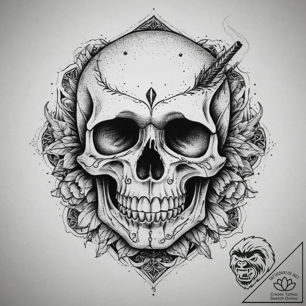 Tattoo sketch skull with a cigarette, tattoo... - tattoo sketch (№1759925499_0, 08.10.2025 12:11) — tattoovalue.net