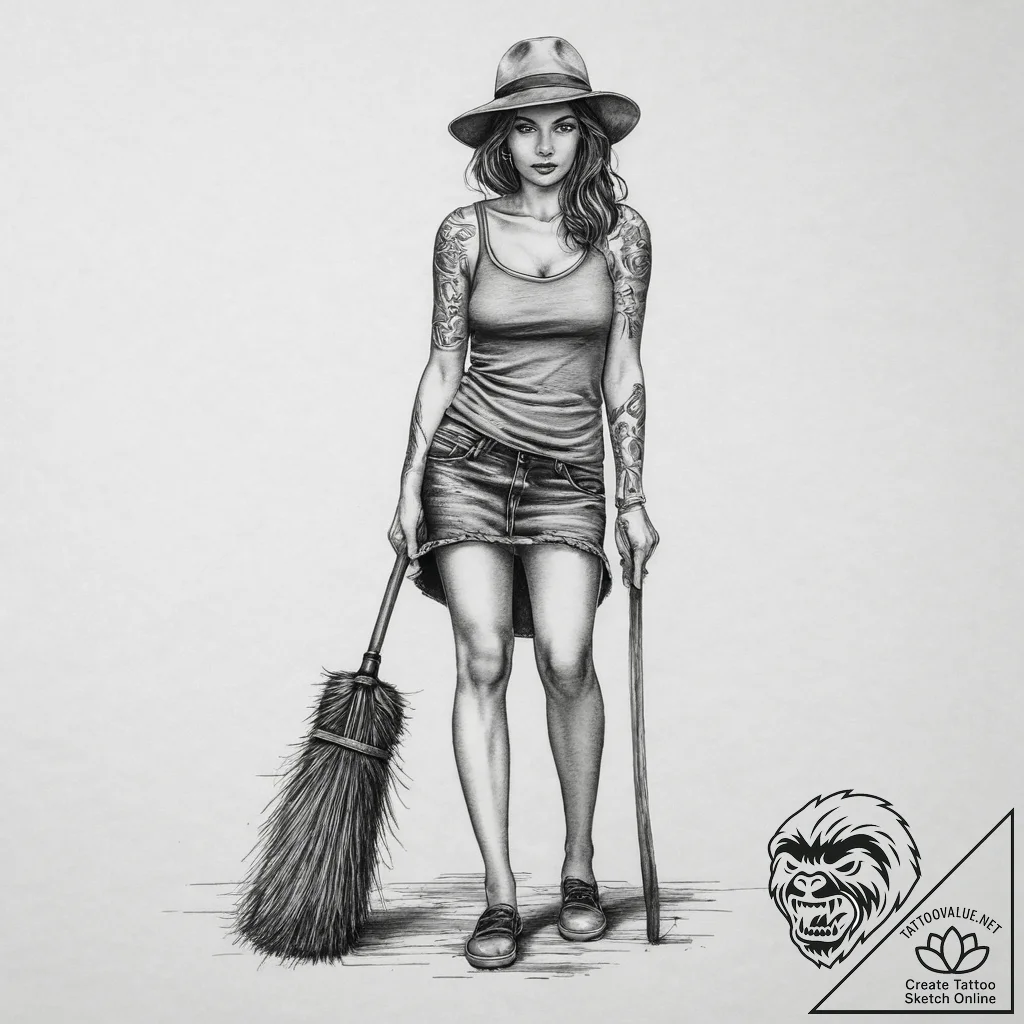 Tattoo sketch curling a person with a broom,... - tattoo sketch (№1759925716_0, 08.10.2025 12:15) — tattoovalue.net