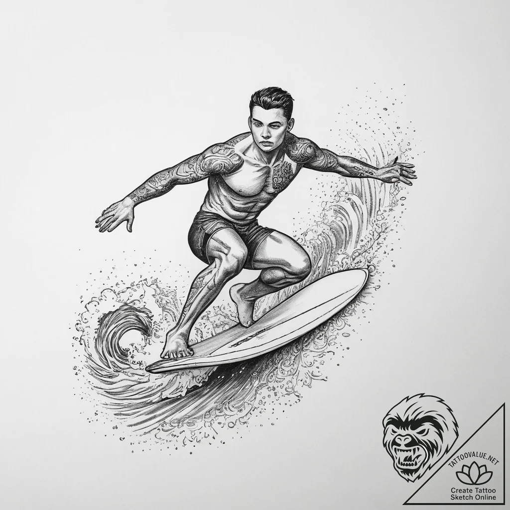 Tattoo sketch surfing a person surfing, tatto... - tattoo sketch (№1759926588_0, 08.10.2025 12:29) — tattoovalue.net