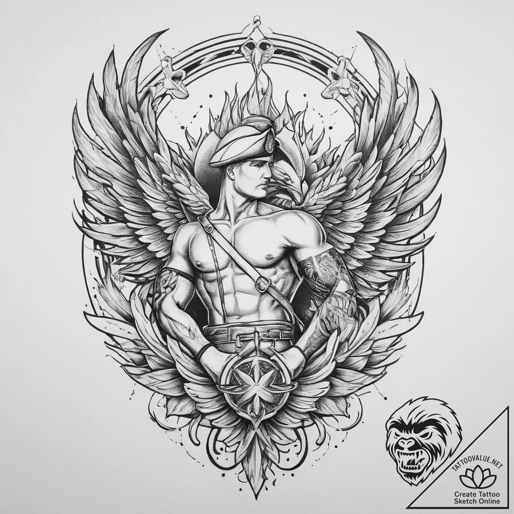Tattoo sketch soldier with a phoenix, ink ill... - tattoo sketch (№1759930060_0, 08.10.2025 13:27) — tattoovalue.net