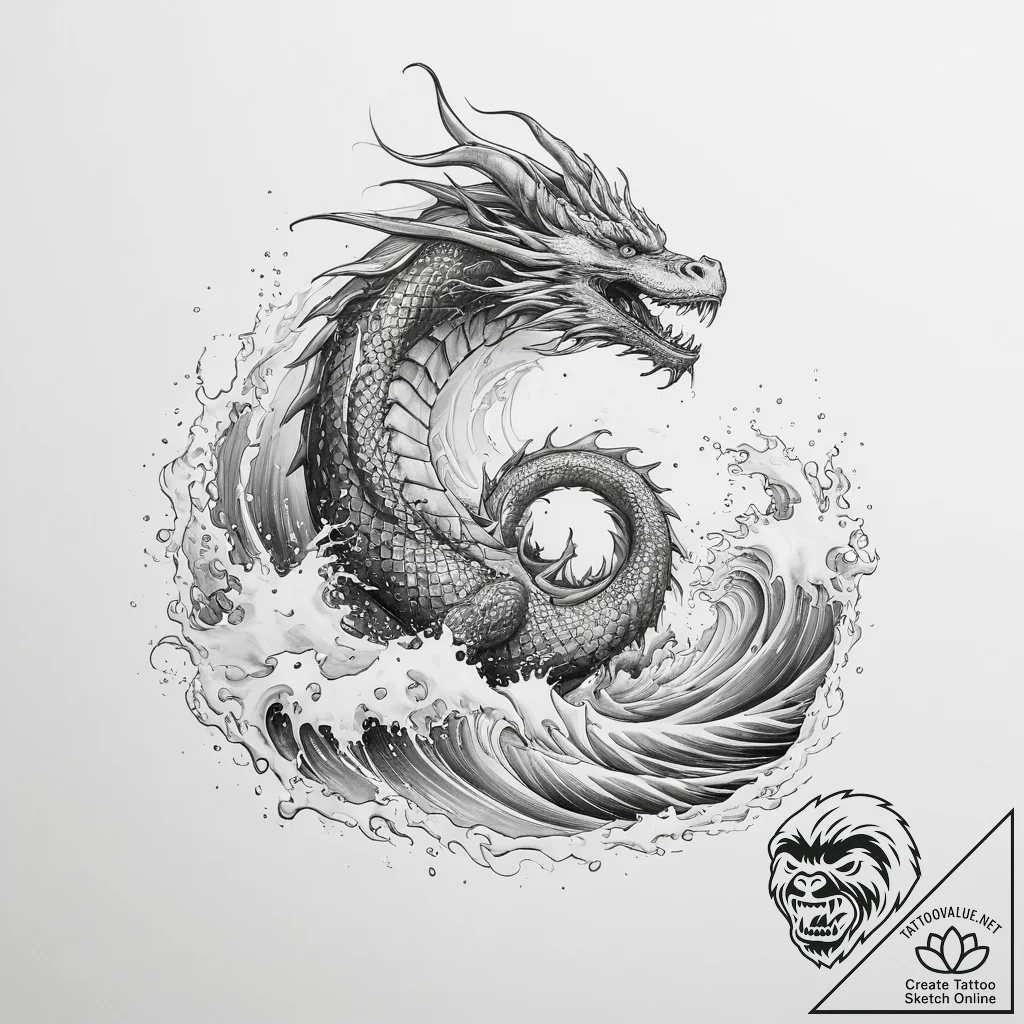 Tattoo sketch water dragon wave - tattoo sketch (№1759941580_0, 08.10.2025 16:39) — tattoovalue.net