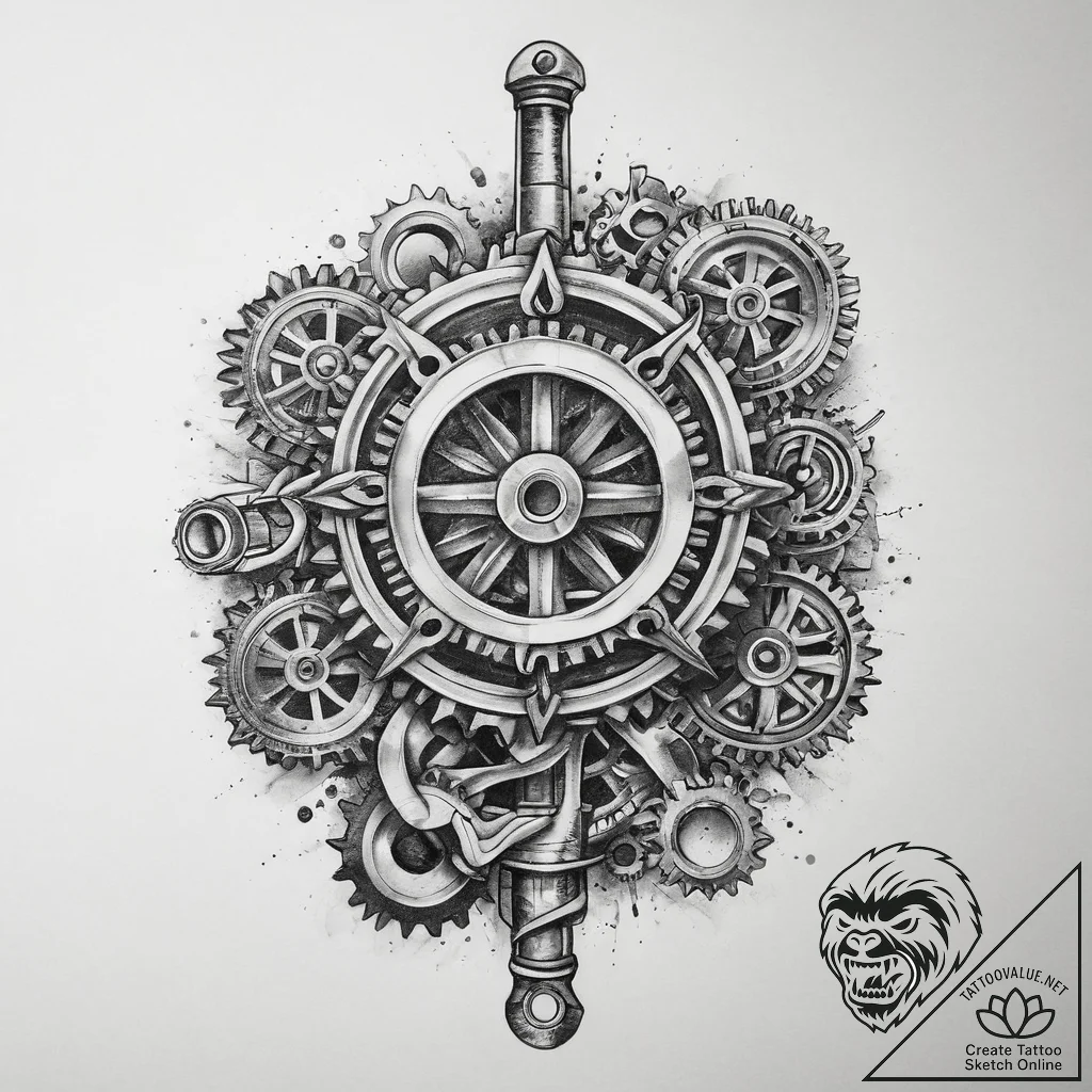 Tattoo sketch wrench with gears, ink illustra... - tattoo sketch (№1759943528_0, 08.10.2025 17:12) — tattoovalue.net