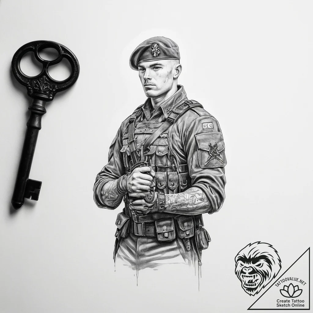 Tattoo sketch soldier with a key - tattoo sketch (№1759947225_0, 08.10.2025 18:13) — tattoovalue.net