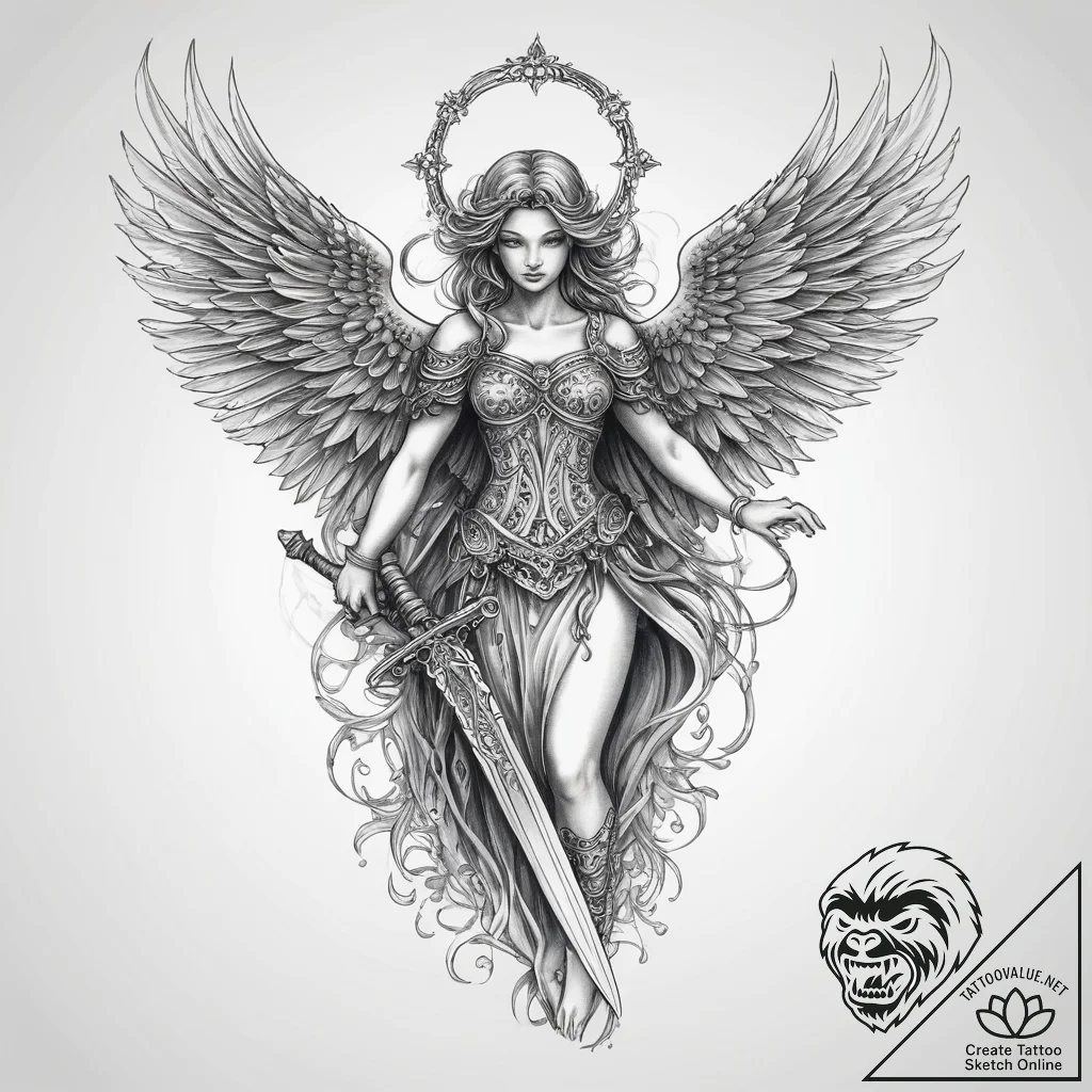 Tattoo sketch angel with a sword, tattoo line... - tattoo sketch (№1759950057_0, 08.10.2025 19:00) — tattoovalue.net