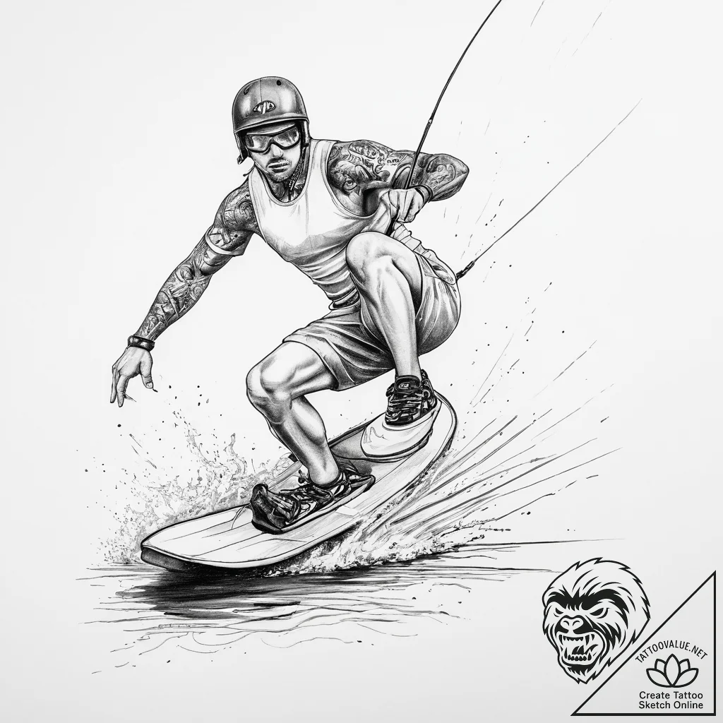 Tattoo sketch wakeboarding on a lake - tattoo sketch (№1759953547_0, 08.10.2025 19:59) — tattoovalue.net