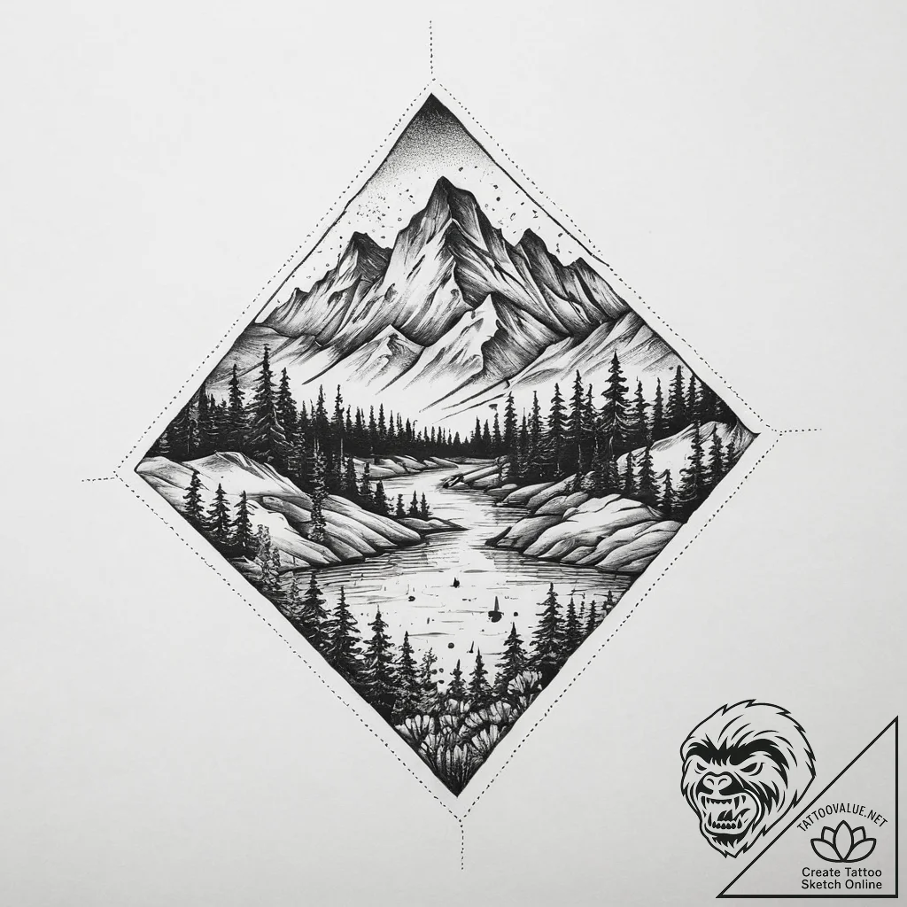 Tattoo sketch a village in the mountains, tat... - tattoo sketch (№1759965484_0, 08.10.2025 23:18) — tattoovalue.net