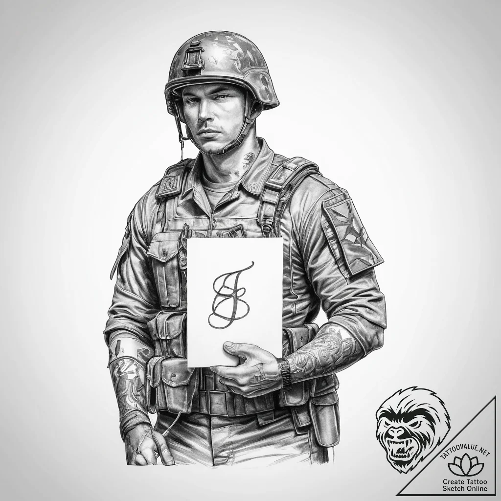 Tattoo sketch soldier with a letter - tattoo sketch (№1759977166_0, 09.10.2025 02:32) — tattoovalue.net